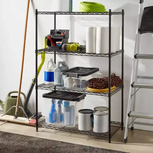 Étagère métallique large à 4 niveaux, noire – Étagères de rangement en acier, support métallique réglable, capacité de 159 kg