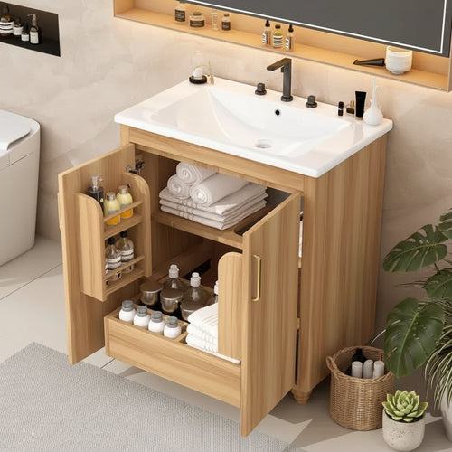 MAYEERTY 30 Bathroom Vanity with Sink Multi-functional Cabinet Doors Drawer MDF Natural