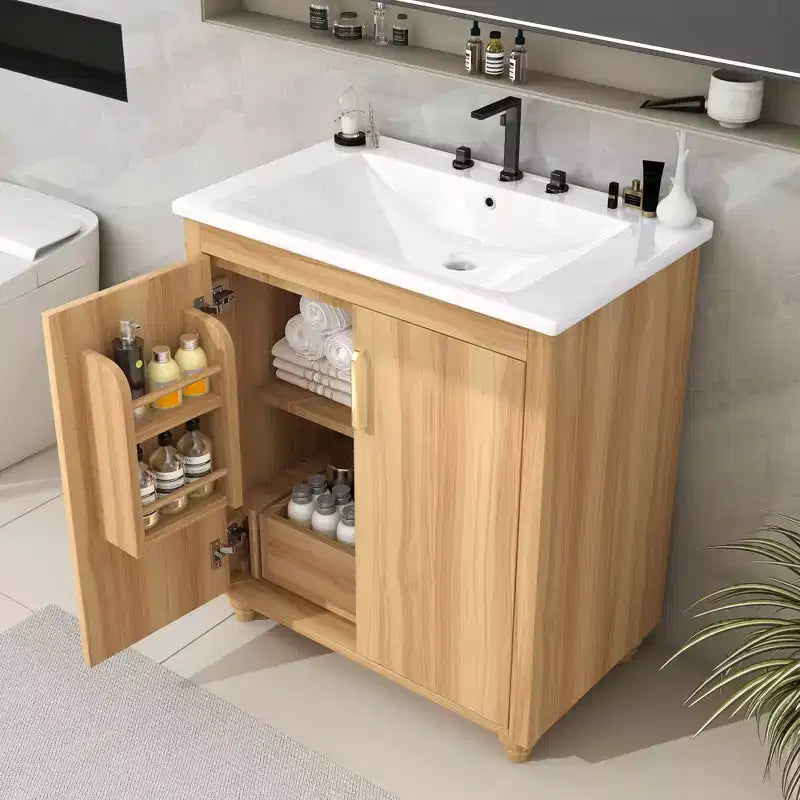 Meuble-lavabo de salle de bain de 30 po avec évier, armoire, tiroir et fabrication en MDF – Fini naturel