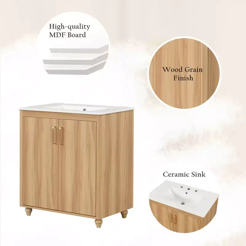 Meuble-lavabo de salle de bain de 30 po avec évier, armoire, tiroir et fabrication en MDF – Fini naturel