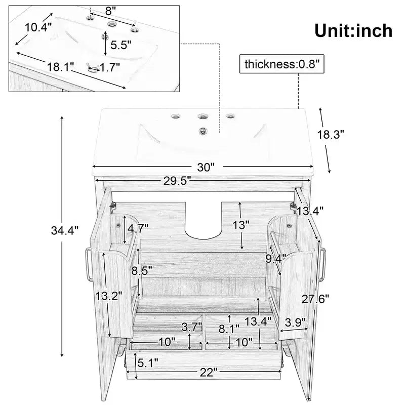 Meuble-lavabo de salle de bain de 30 po avec évier, armoire, tiroir et fabrication en MDF – Fini naturel