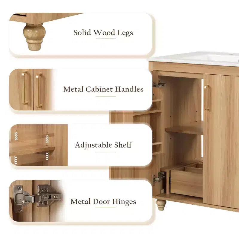 Meuble-lavabo de salle de bain de 30 po avec évier, armoire, tiroir et fabrication en MDF – Fini naturel