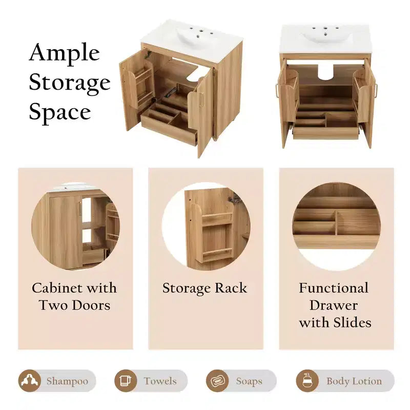 Meuble-lavabo de salle de bain de 30 po avec évier, armoire, tiroir et fabrication en MDF – Fini naturel