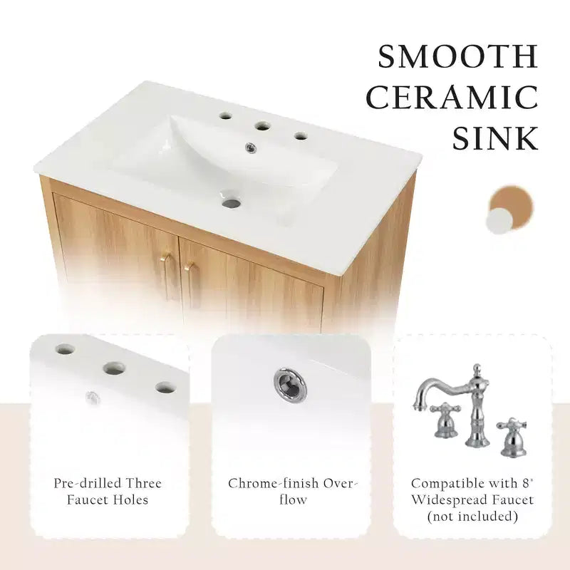 Meuble-lavabo de salle de bain de 30 po avec évier, armoire, tiroir et fabrication en MDF – Fini naturel