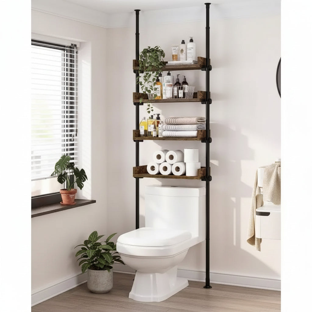 Bathroom Organizer Over Toilet Storage 4 - Tier Adjustable Wood Shelves Small Room Space Saver Narrow Cabinet Rustic Brown