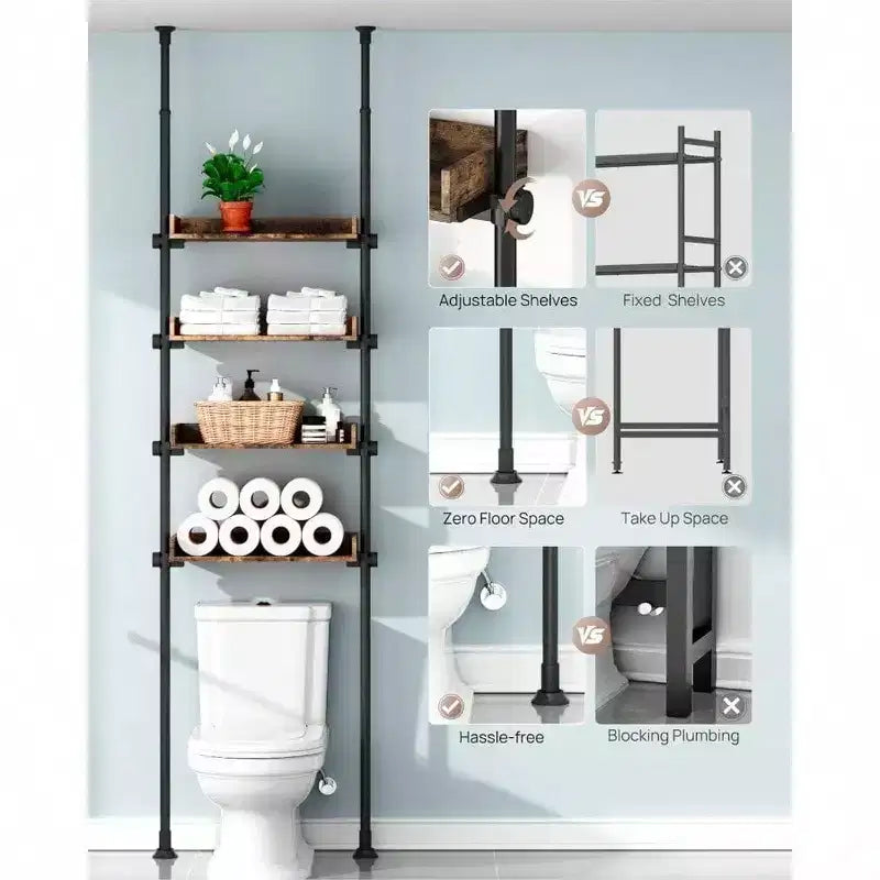 Étagère de rangement 4 niveaux pour WC avec étagères réglables