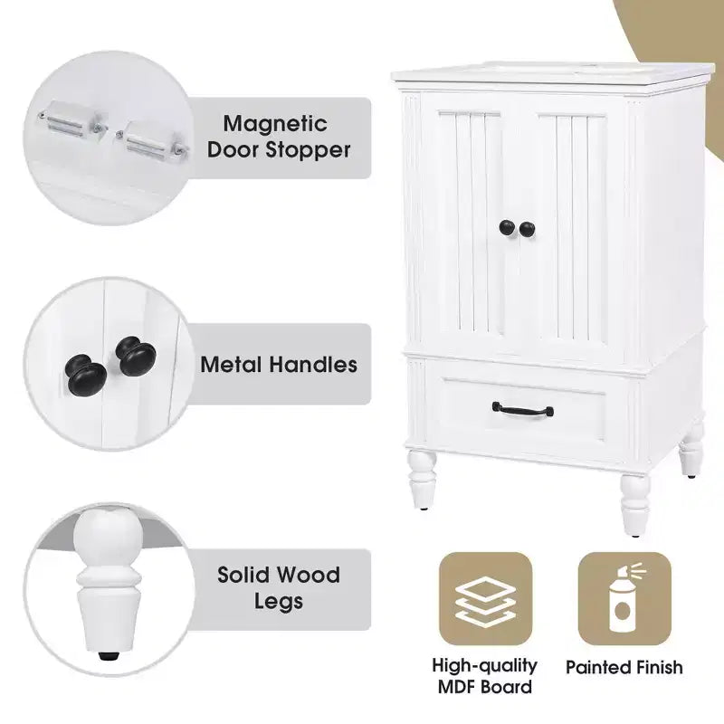 Meuble-lavabo de 20 po avec évier, 2 portes, butoir magnétique, patins réglables et tiroir