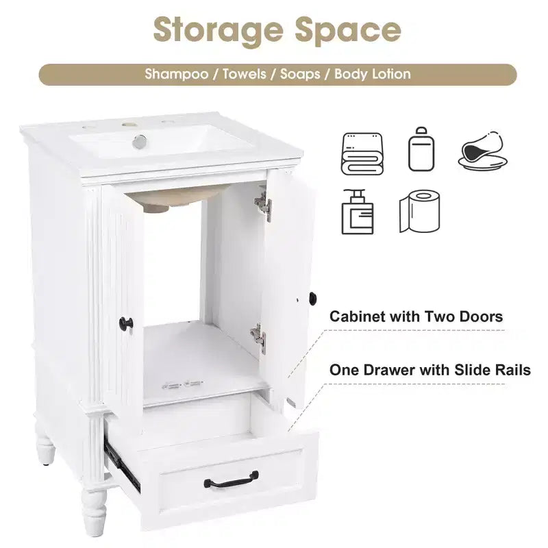 Meuble-lavabo de 20 po avec évier, 2 portes, butoir magnétique, patins réglables et tiroir