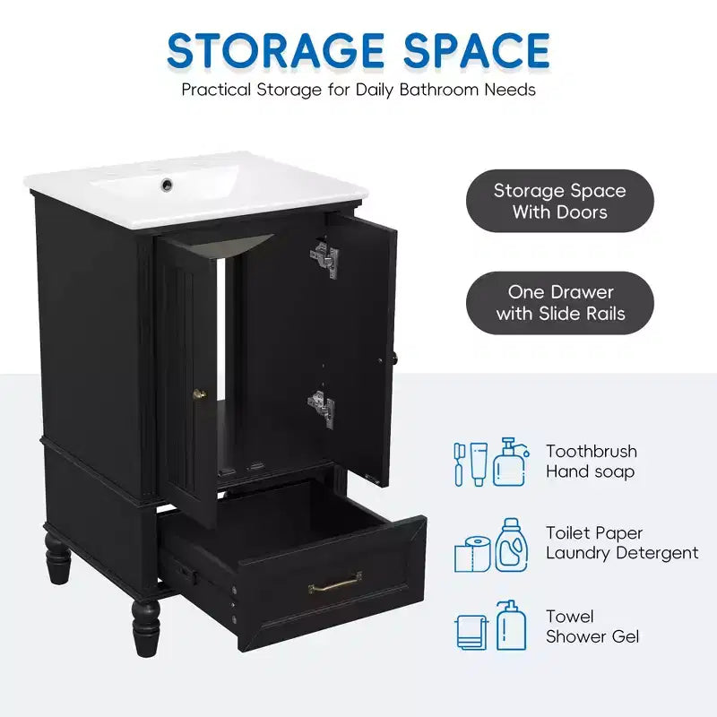 Meuble-lavabo de 20 po avec évier, 2 portes, butoir magnétique, patins réglables et tiroir