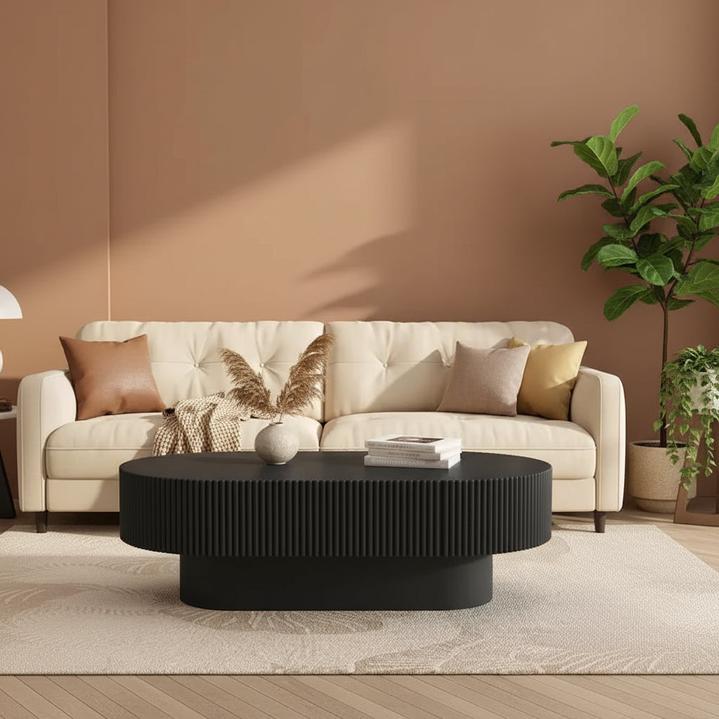 Wood Fluted Coffee Table, Modern Drum End Table, Oval Center Table with Sturdy Base for Living Room