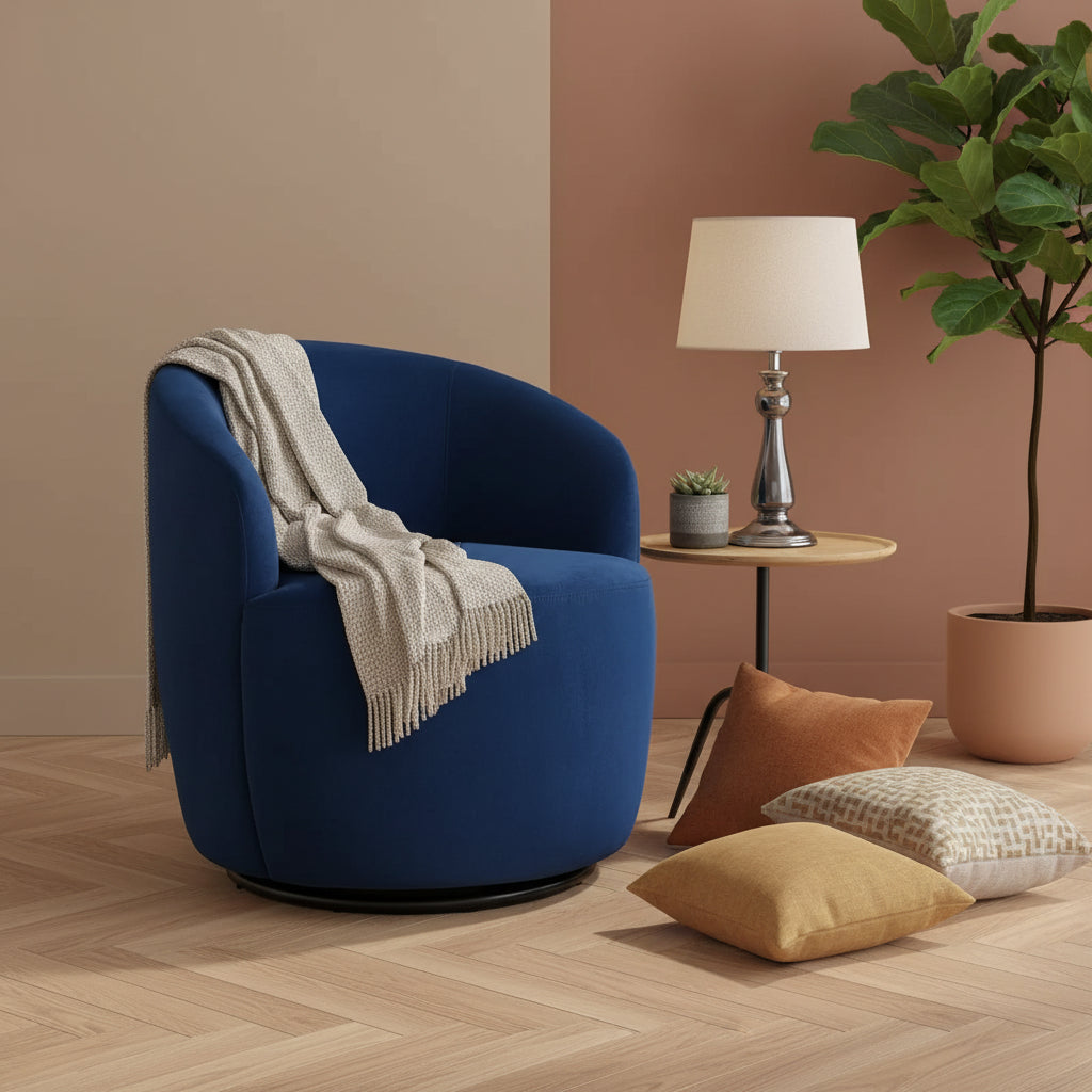 Fabric Swivel Accent Armchair Barrel Chair With Black Powder Coating Metal Ring