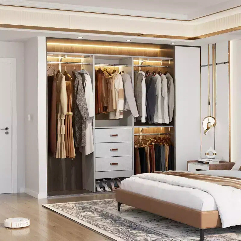 Système de rangement de placard de 1,5 mètre avec tiroirs en tissu et tringles de suspension
