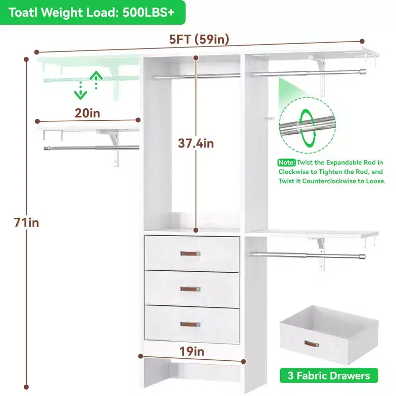 Système de rangement de placard de 1,5 mètre avec tiroirs en tissu et tringles de suspension
