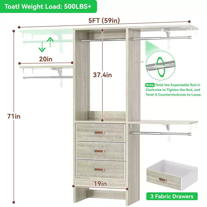 Système de rangement de placard de 1,5 mètre avec tiroirs en tissu et tringles de suspension