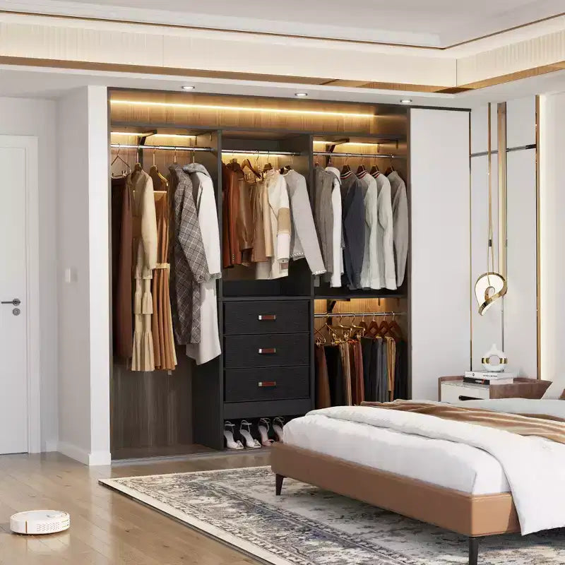 Système de rangement de placard de 1,5 mètre avec tiroirs en tissu et tringles de suspension