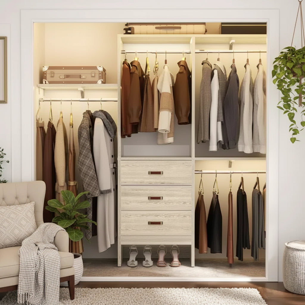 Besiost 5FT Closet Organizer System with Fabric Drawers, Closet Wardrobe with Hanging Rods