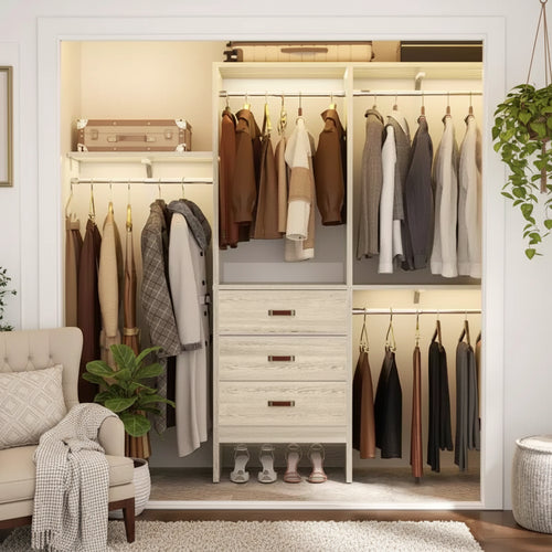 Besiost 5FT Closet Organizer System with Fabric Drawers, Closet Wardrobe with Hanging Rods