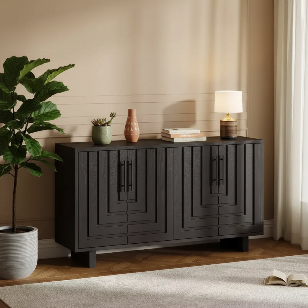 Okak Mid Century Wooden Buffet Sideboard Storage Cabinet with Metal Handles,Ash Veneer Pantry Cabinets for Dining Room,Kitchen