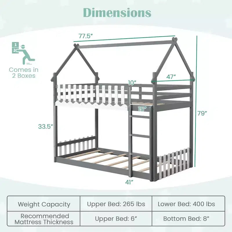 Lit Superposé Cabane Jumeau sur Jumeau avec Clôture et Échelle - Bois Massif, Gris