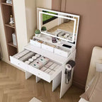 Coiffeuse avec grand miroir réglable 3 couleurs, bureau avec prise de courant et support de sèche-cheveux
