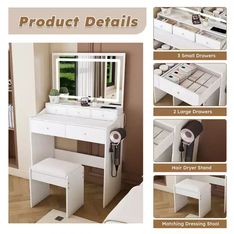 Coiffeuse avec grand miroir réglable 3 couleurs, bureau avec prise de courant et support de sèche-cheveux