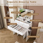 Coiffeuse avec grand miroir réglable 3 couleurs, bureau avec prise de courant et support de sèche-cheveux