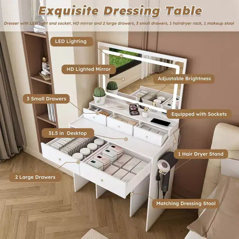 Coiffeuse avec grand miroir réglable 3 couleurs, bureau avec prise de courant et support de sèche-cheveux
