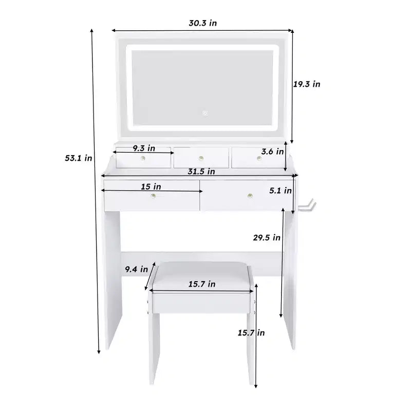 Coiffeuse avec grand miroir réglable 3 couleurs, bureau avec prise de courant et support de sèche-cheveux