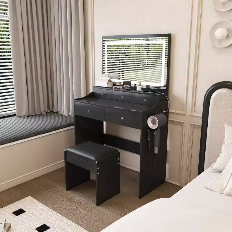 Coiffeuse avec grand miroir réglable 3 couleurs, bureau avec prise de courant et support de sèche-cheveux