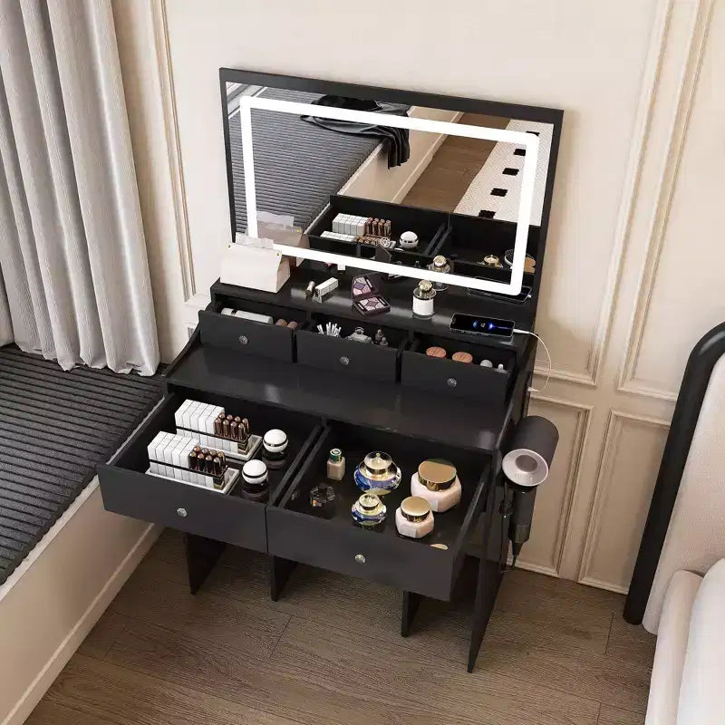 Coiffeuse avec grand miroir réglable 3 couleurs, bureau avec prise de courant et support de sèche-cheveux