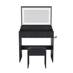 Coiffeuse avec grand miroir réglable 3 couleurs, bureau avec prise de courant et support de sèche-cheveux