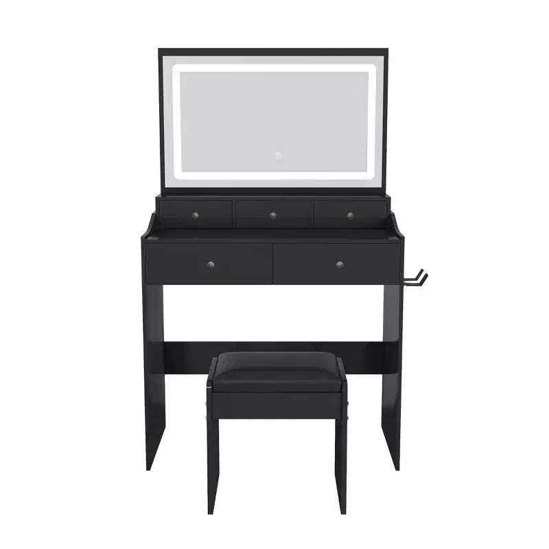 Coiffeuse avec grand miroir réglable 3 couleurs, bureau avec prise de courant et support de sèche-cheveux