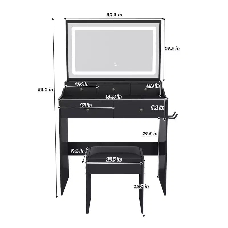 Coiffeuse avec grand miroir réglable 3 couleurs, bureau avec prise de courant et support de sèche-cheveux