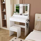 Coiffeuse avec grand miroir réglable 3 couleurs, bureau avec prise de courant et support de sèche-cheveux