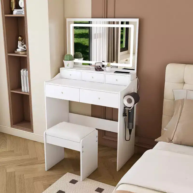 Coiffeuse avec grand miroir réglable 3 couleurs, bureau avec prise de courant et support de sèche-cheveux