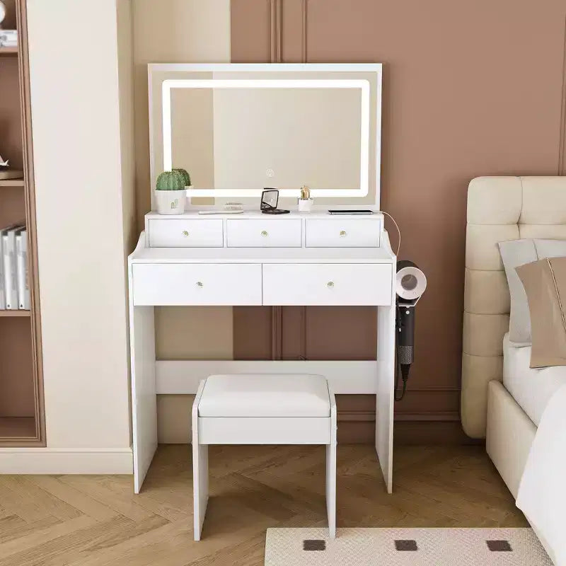 Coiffeuse avec grand miroir réglable 3 couleurs, bureau avec prise de courant et support de sèche-cheveux