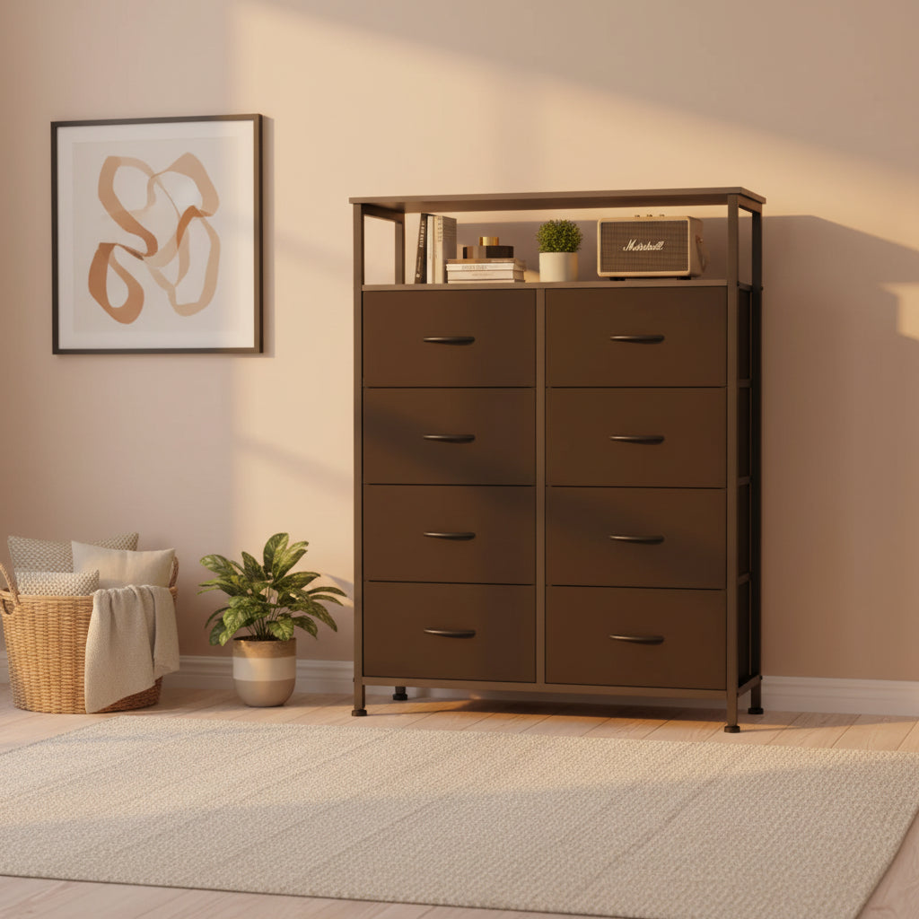 Cozy Dresser with 8 Fabric Drawers&Open Shelf, Tall TV Stand with Storage Cabinet, Chest of Drawers for Bedroom, Living Room