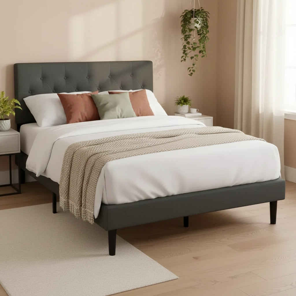 Homy Casa Twin Upholstered Platform Bed with Wood Slat Mattress Support