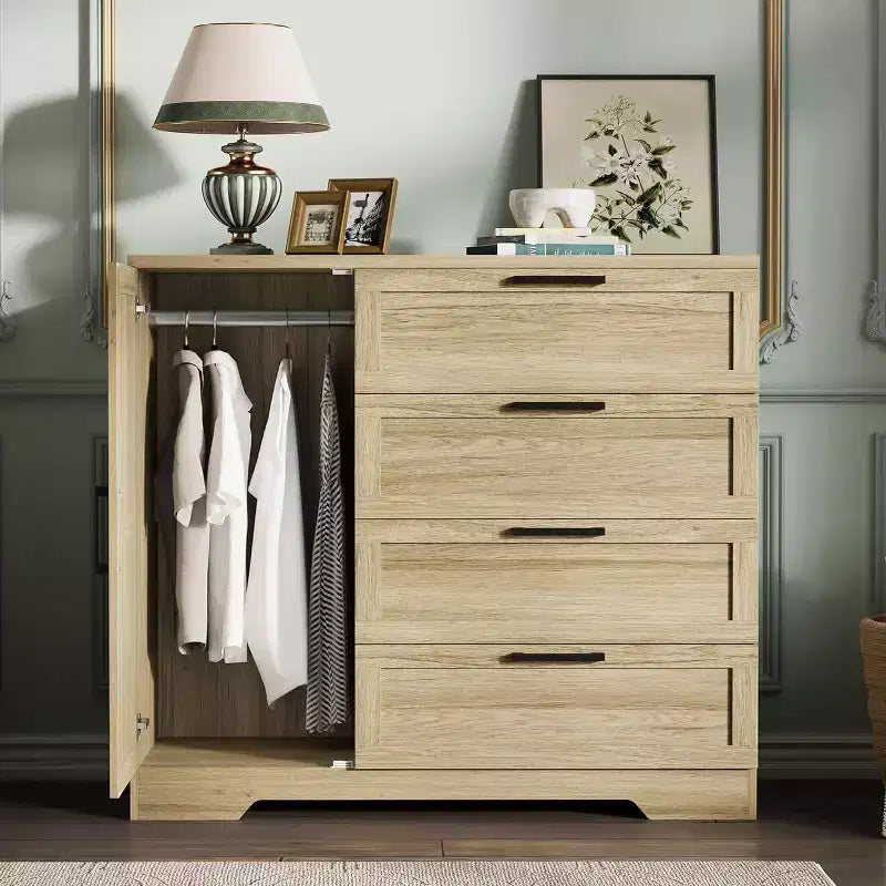 Armoire-penderie en bois, placard de chambre de 110 cm avec 4 tiroirs, porte et tringle de rangement