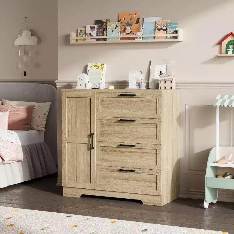 Armoire-penderie en bois, placard de chambre de 110 cm avec 4 tiroirs, porte et tringle de rangement