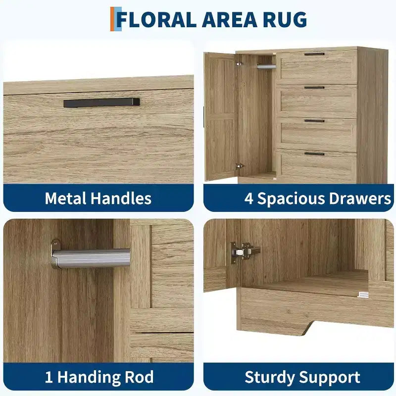 Armoire-penderie en bois, placard de chambre de 110 cm avec 4 tiroirs, porte et tringle de rangement