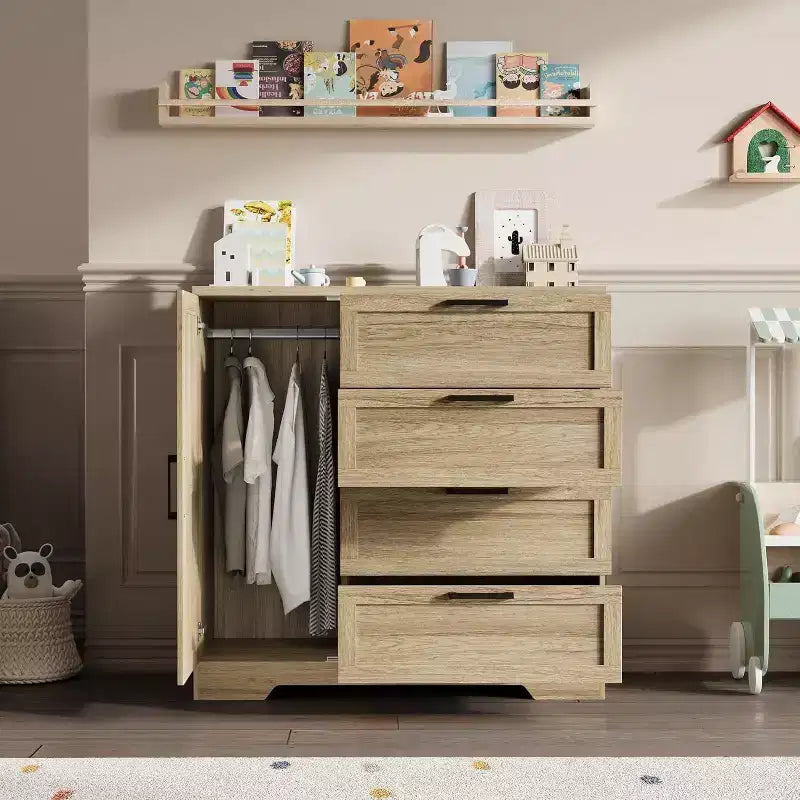 Armoire-penderie en bois, placard de chambre de 110 cm avec 4 tiroirs, porte et tringle de rangement