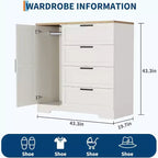 Armoire-penderie en bois, placard de chambre de 110 cm avec 4 tiroirs, porte et tringle de rangement