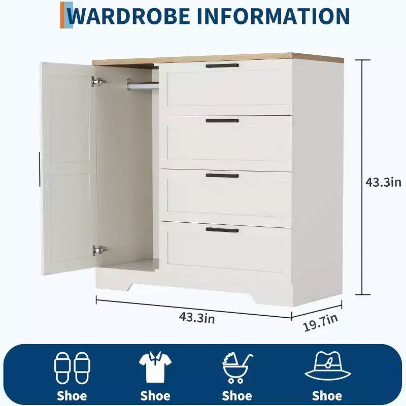 Armoire-penderie en bois, placard de chambre de 110 cm avec 4 tiroirs, porte et tringle de rangement