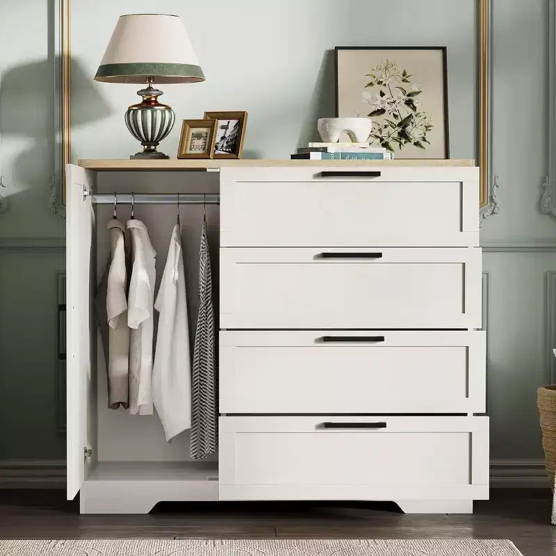 Armoire-penderie en bois, placard de chambre de 110 cm avec 4 tiroirs, porte et tringle de rangement