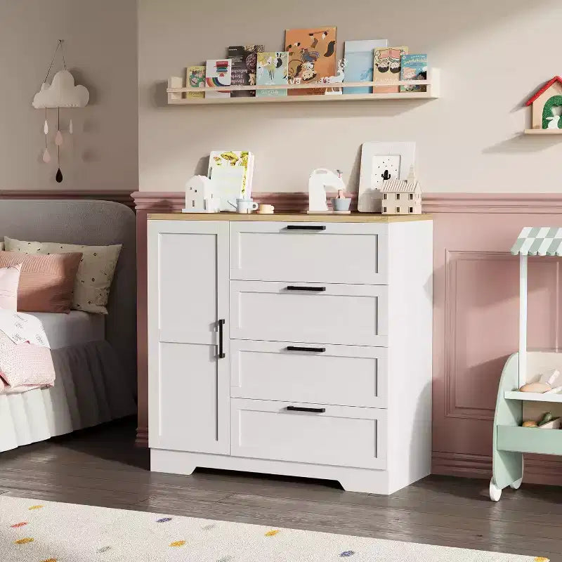 Armoire-penderie en bois, placard de chambre de 110 cm avec 4 tiroirs, porte et tringle de rangement