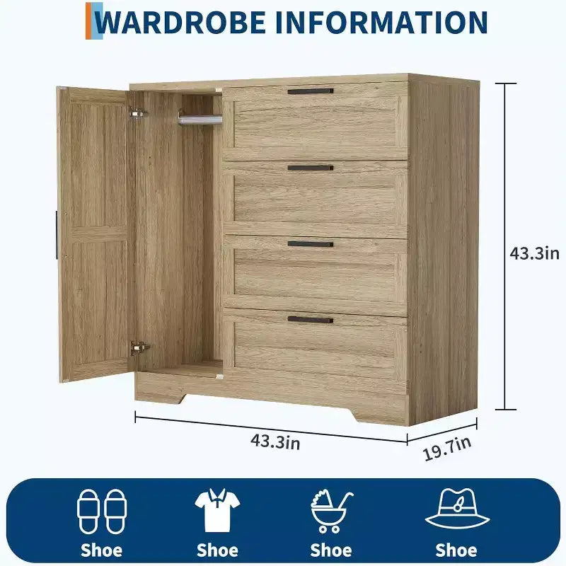 Armoire-penderie en bois, placard de chambre de 110 cm avec 4 tiroirs, porte et tringle de rangement