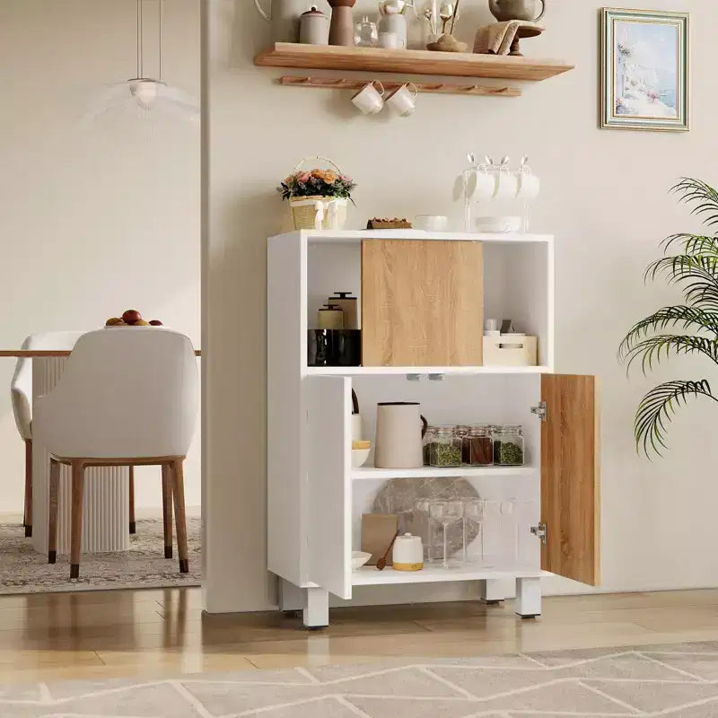 Buffet en bois blanc avec porte coulissante de style grange et étagères réglables pour la cuisine, l'entrée, la salle à manger et le salon