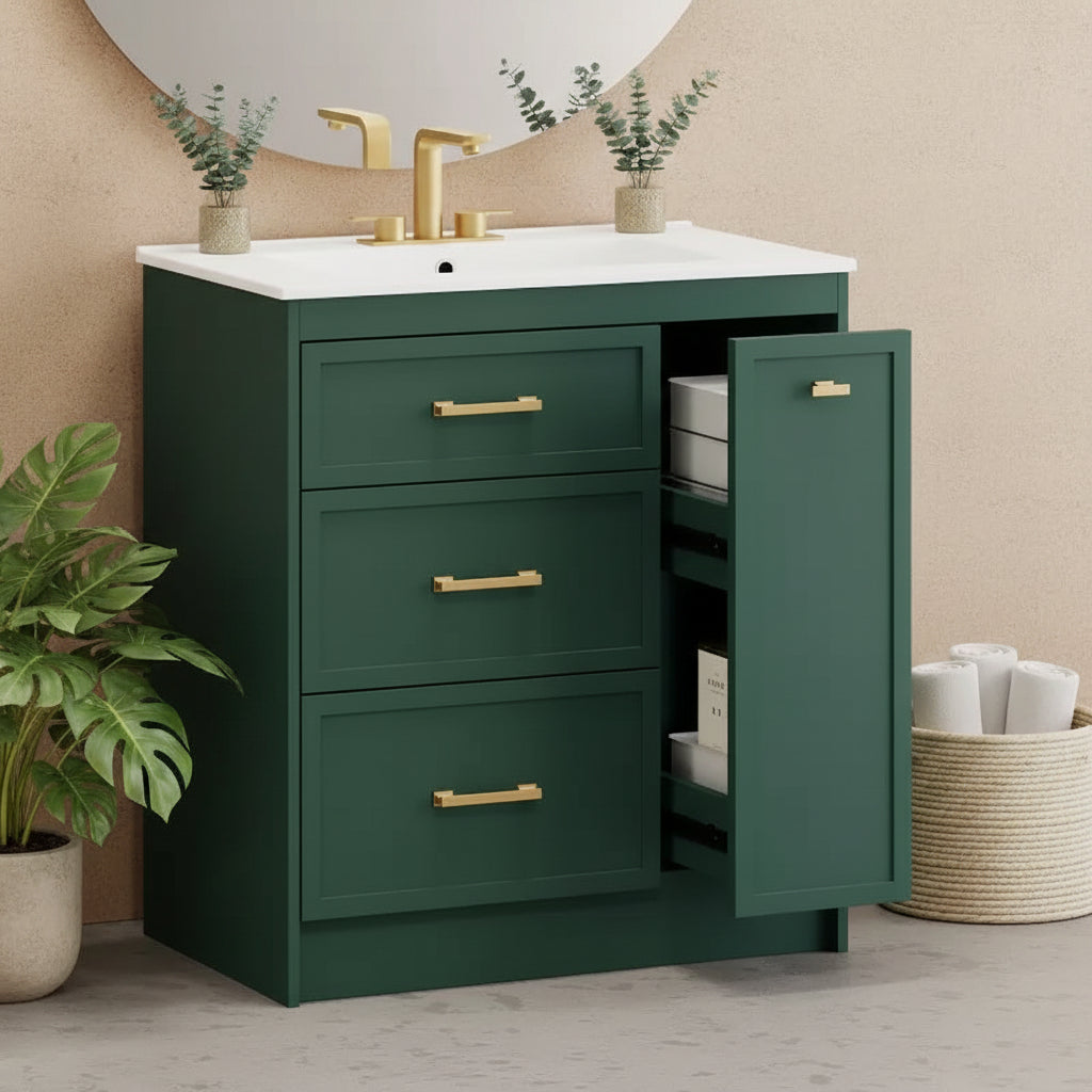 Bathroom Vanity With Single Top Sink, Freestanding Modern Bathroom Storage Cabinet With 3 Drawers, Single Sink Vanity For Small Space Bathroom Green