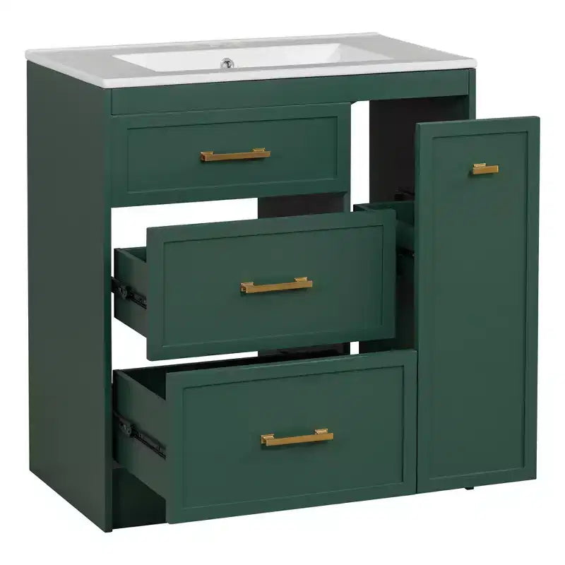 Meuble-lavabo autoportant vert avec lavabo simple et 3 tiroirs
